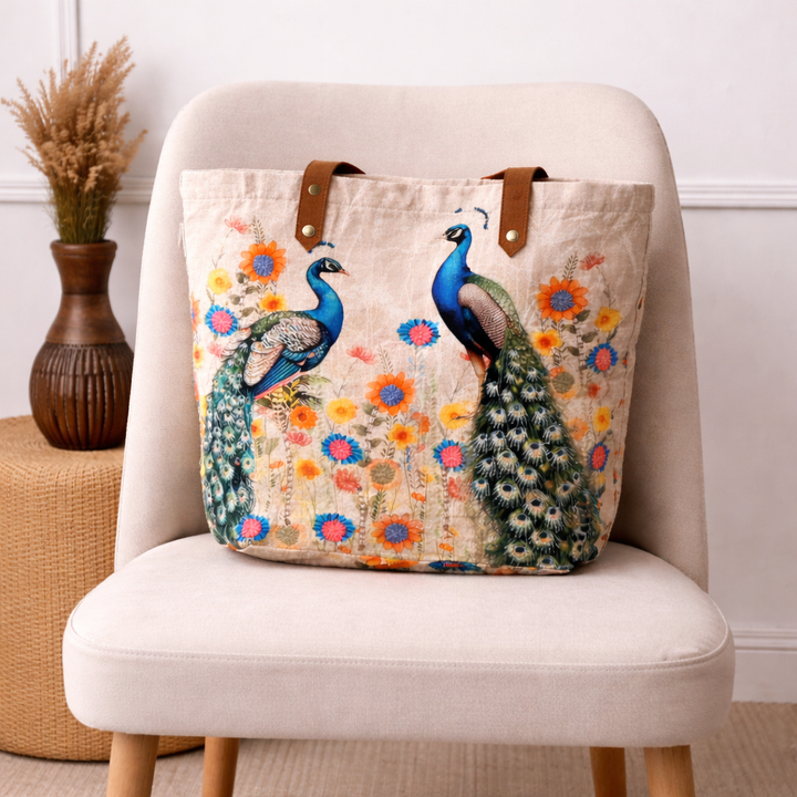 Embroidered Peacock Cotton Tote Bag – Floral Multi Shopper