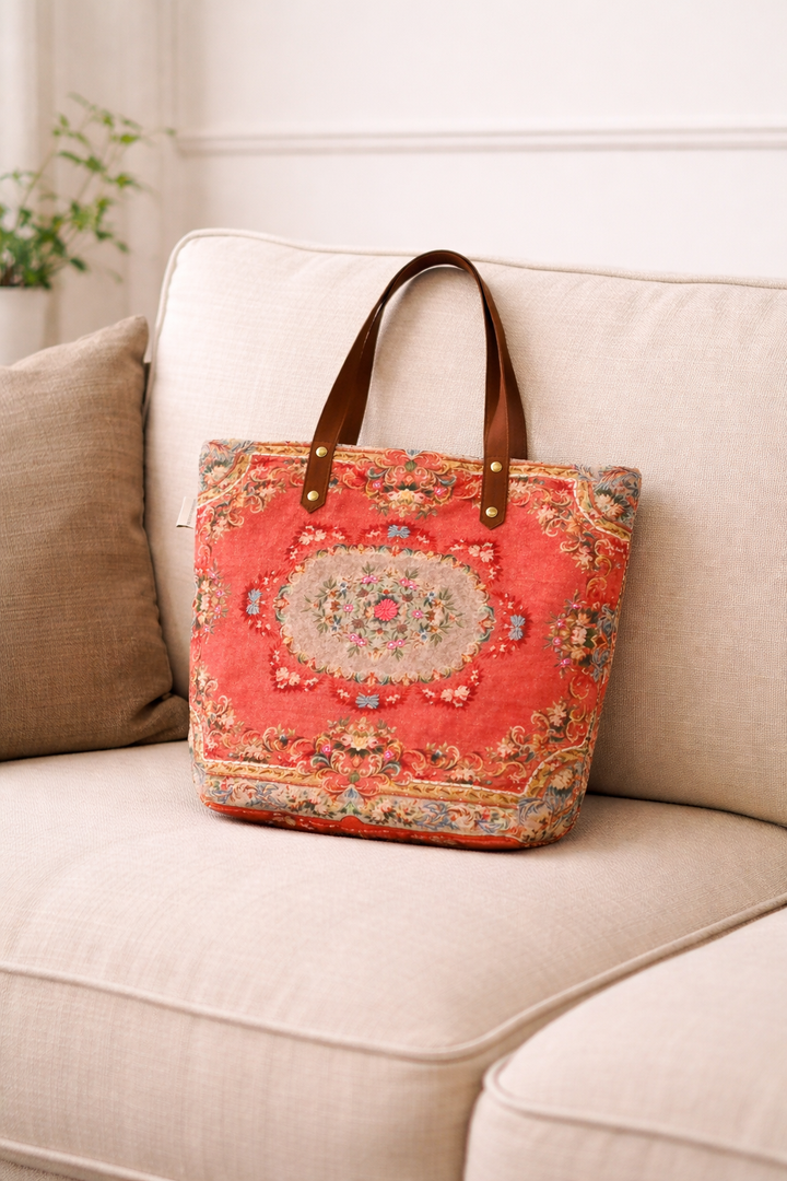 Vintage Floral Embroidered Cotton Tote Bag - 40x48 cm