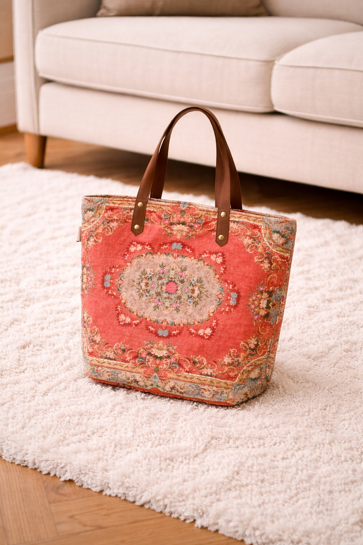 Vintage Floral Embroidered Cotton Tote Bag - 40x48 cm