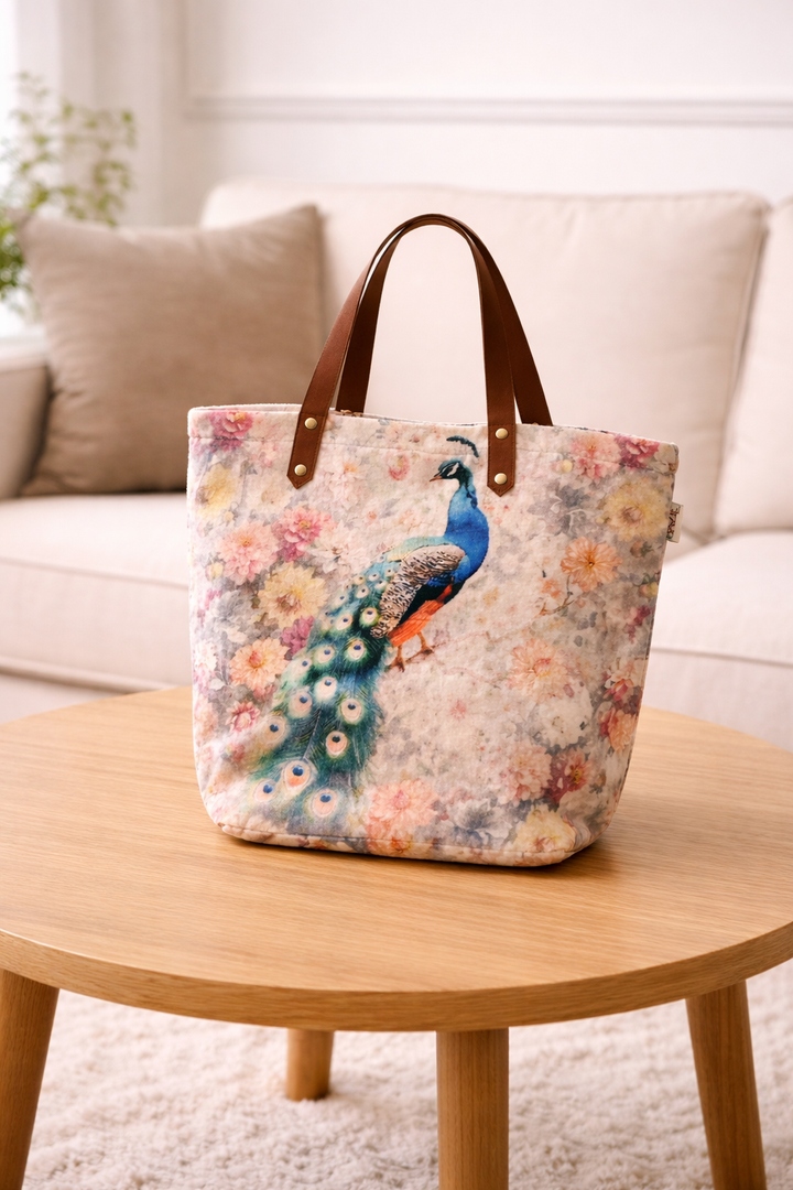 Peacock Floral Velvet Cotton Tote Bag - 40×48 cm Digital Print