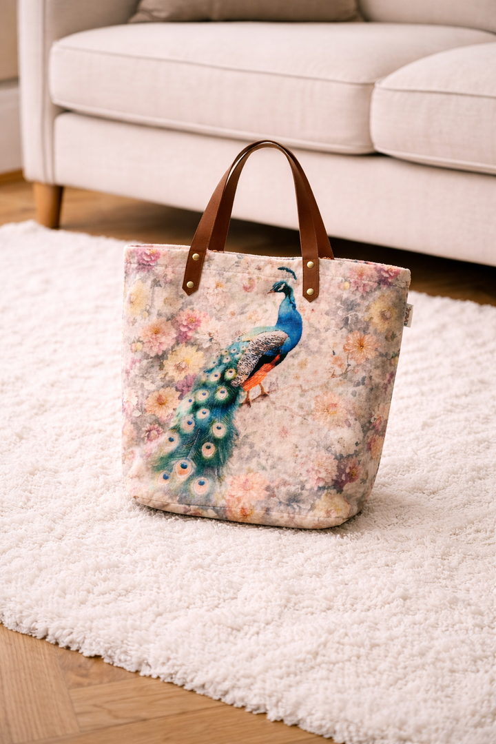 Peacock Floral Velvet Cotton Tote Bag - 40×48 cm Digital Print