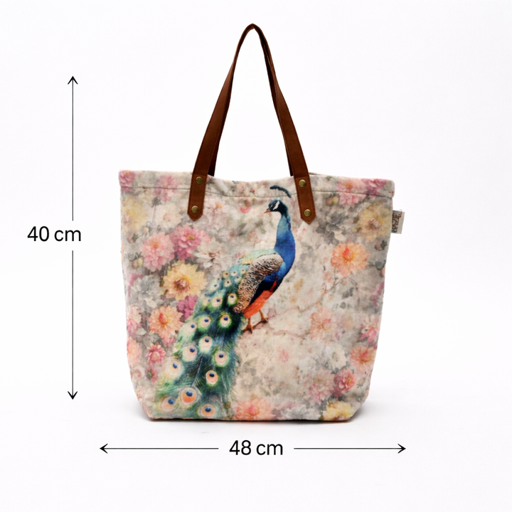 Peacock Floral Velvet Cotton Tote Bag - 40×48 cm Digital Print