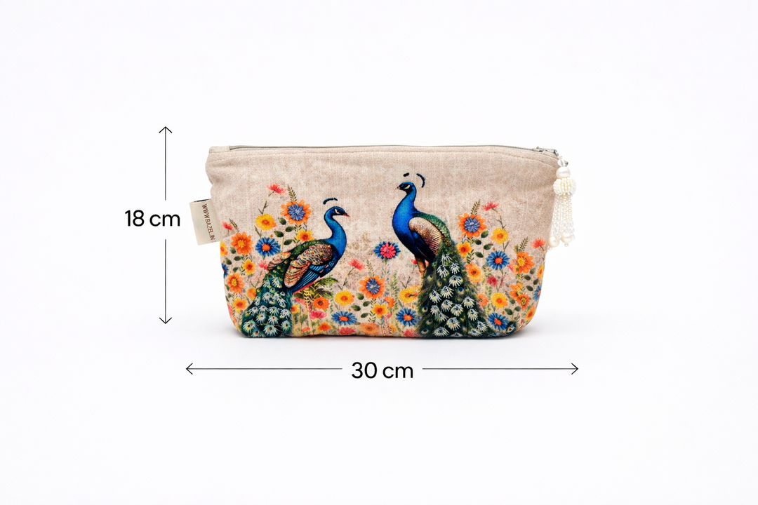 Cotton Pouch – Peacock Floral Embroidered – 18x30 cm