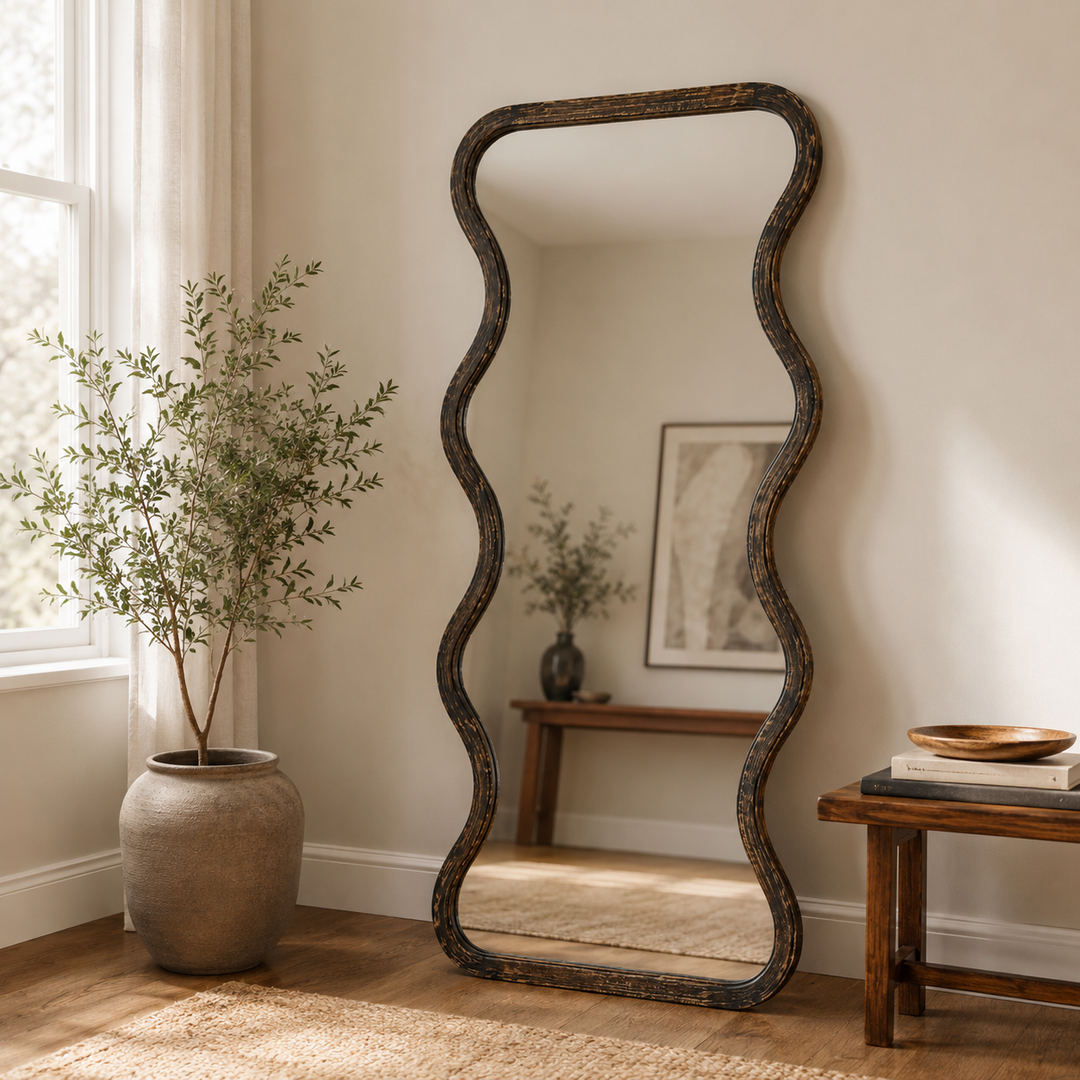 Wave Frame Mirror in Antique Brown Mango Wood 90x180 cm