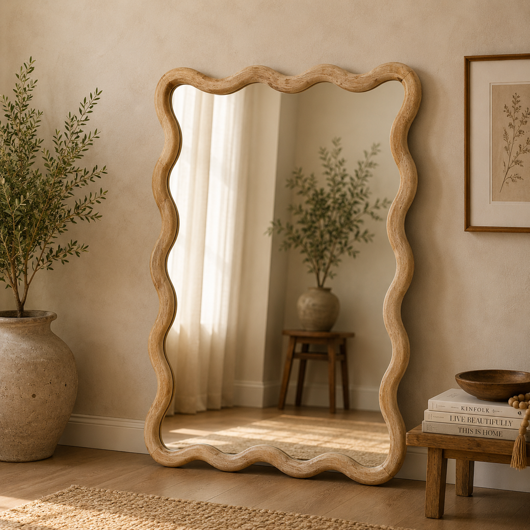 Wavy Rattan Wall Mirror in Natural Mango Wood 90x120 cm