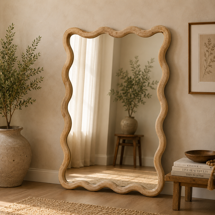 Wavy Rattan Wall Mirror in Natural Mango Wood 90x120 cm