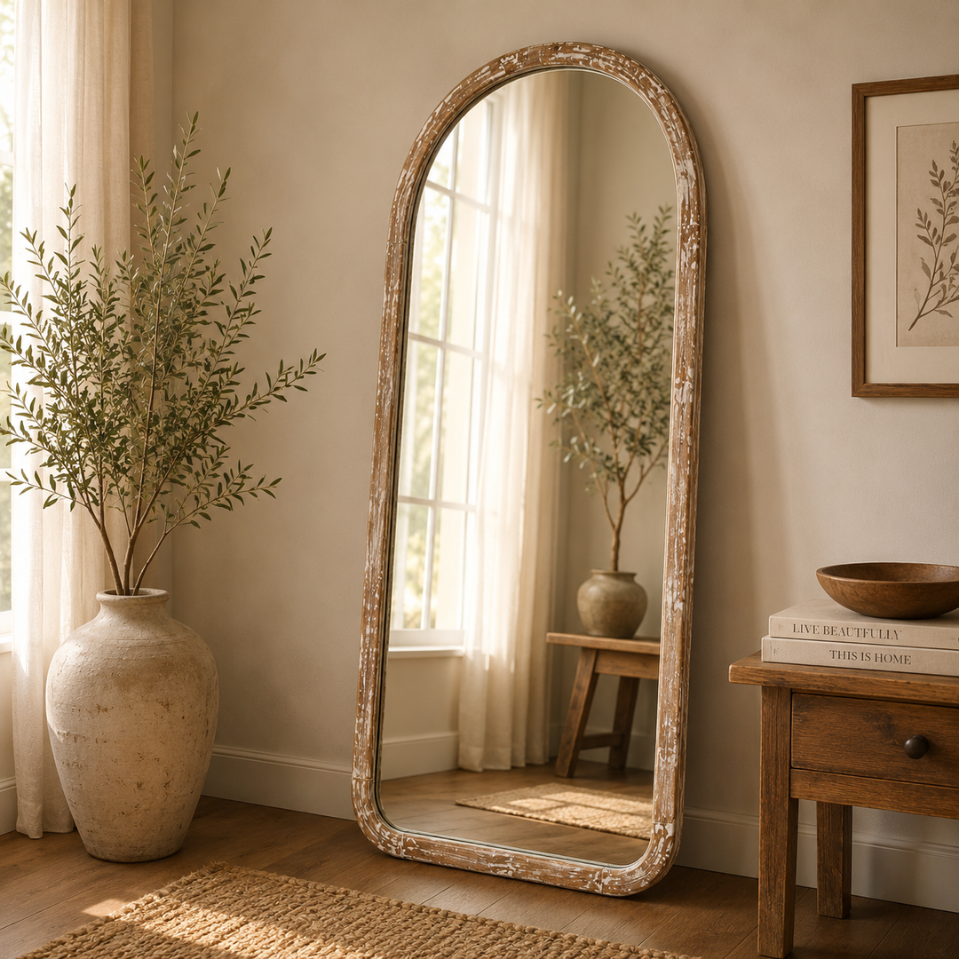 Semi Round Wall Mirror in Antique White Mango Wood Frame