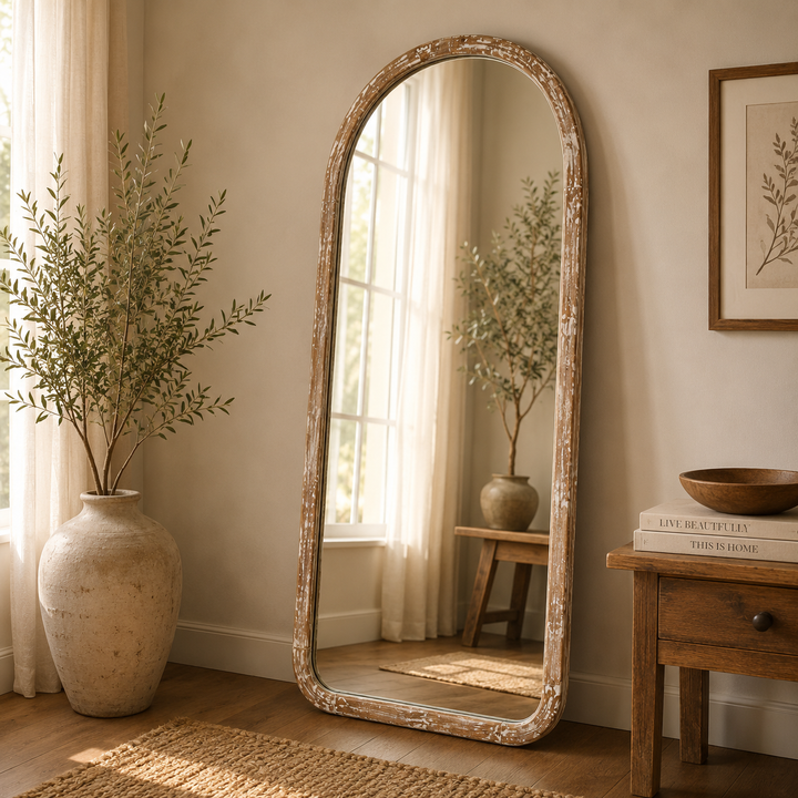 Semi Round Wall Mirror in Antique White Mango Wood Frame