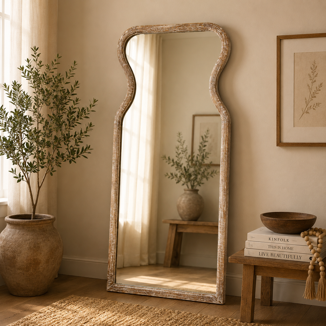 Curved Neck Wall Mirror in Antique White Mango Wood Frame