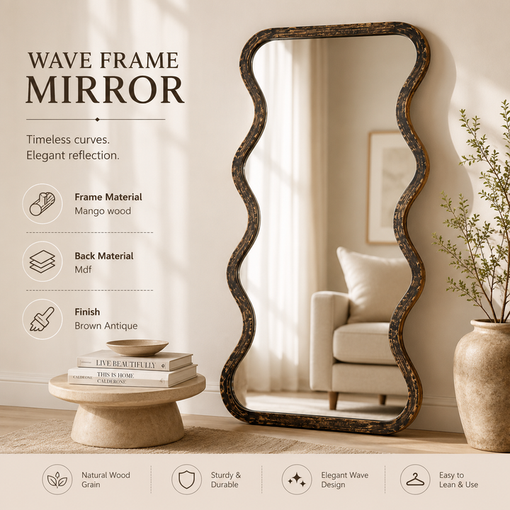 Wave Frame Mirror in Antique Brown Mango Wood 90x180 cm