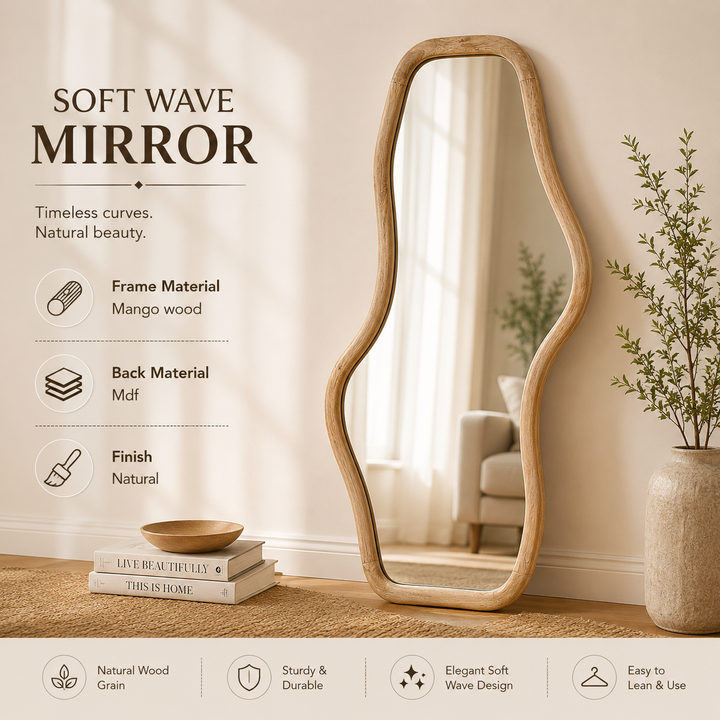 Smooth Curve Wall Mirror in Natural Mango Wood 90x170 cm