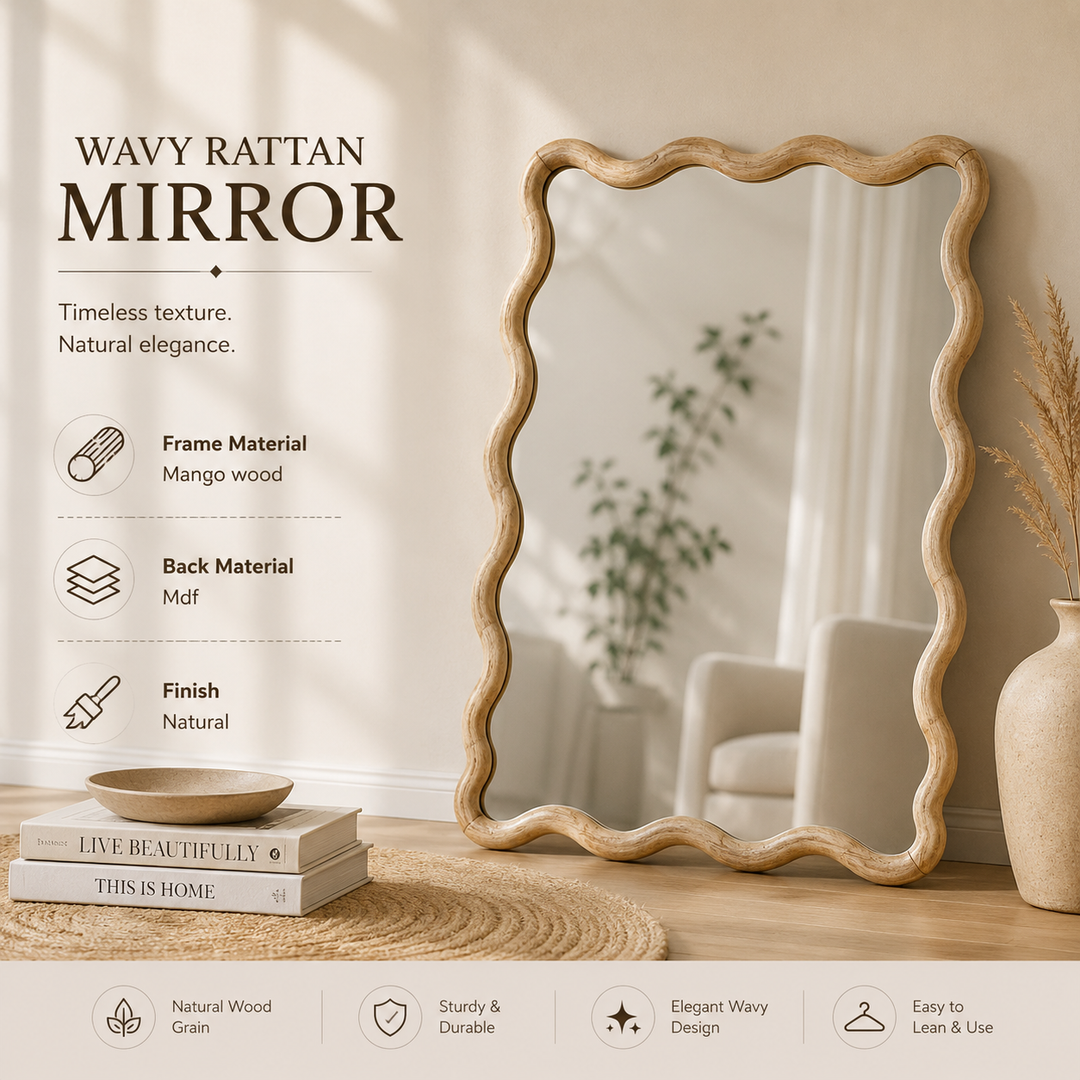 Wavy Rattan Wall Mirror in Natural Mango Wood 90x120 cm