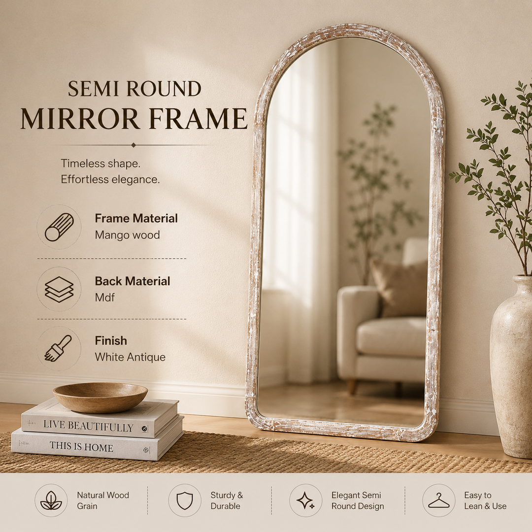 Semi Round Wall Mirror in Antique White Mango Wood Frame