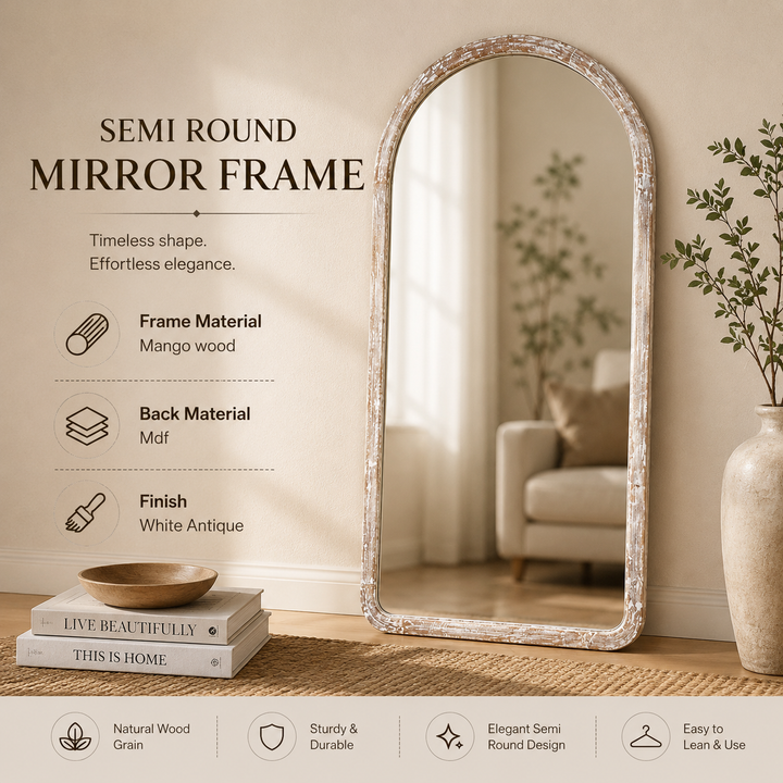 Semi Round Wall Mirror in Antique White Mango Wood Frame