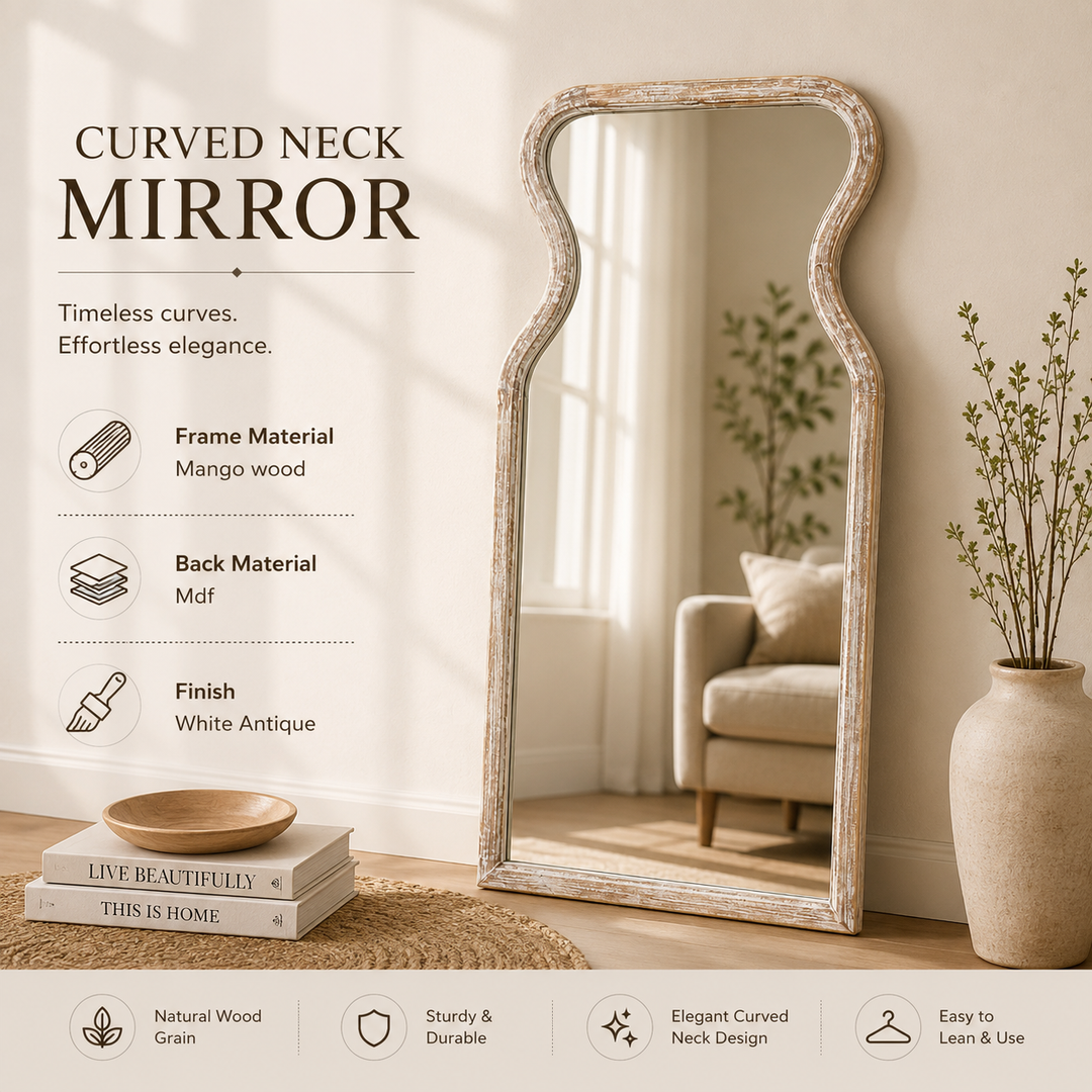 Curved Neck Wall Mirror in Antique White Mango Wood Frame