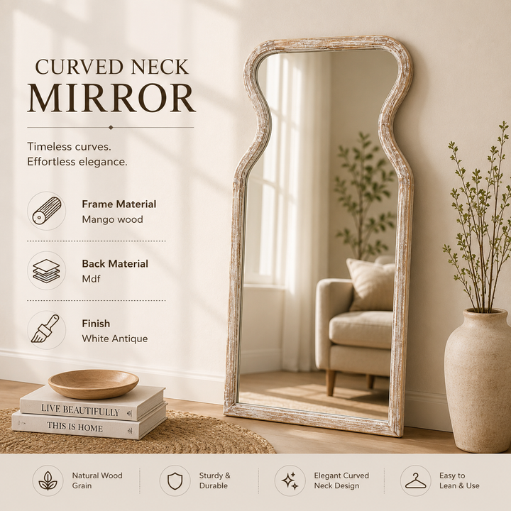 Curved Neck Wall Mirror in Antique White Mango Wood Frame