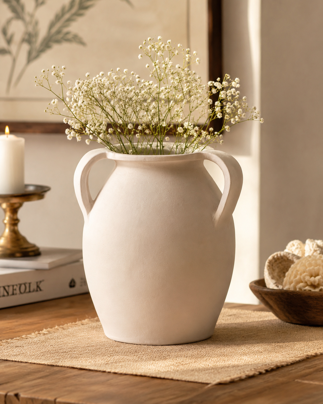 White Amphora Terracotta Vase with Twin Handles | Handmade Mediterranean Decorative Floor Vase