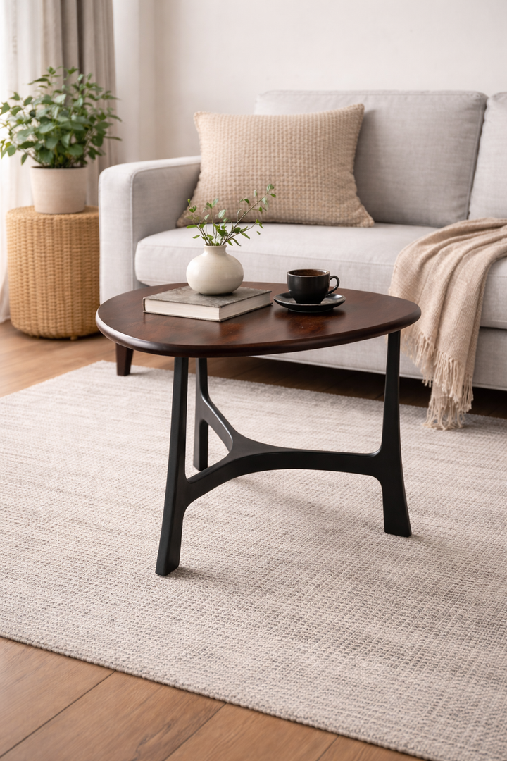 Solace Round Coffee Table – Black Aluminium & Wood 58cm