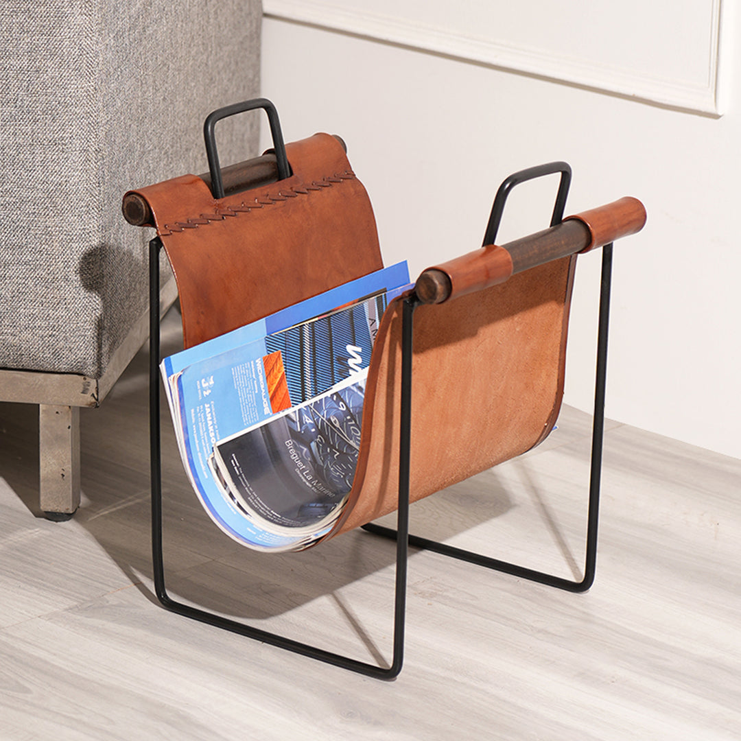 Iron and Leather Sling Magazine Rack – Stylish and Durable Storage Solution
