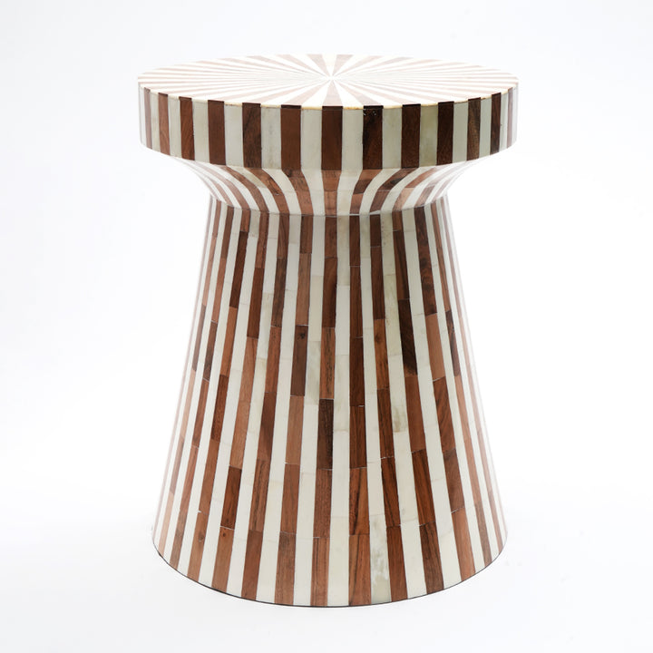 Drum Shape Wooden Side Stool – Handcrafted Bone Inlay Accent Table with Line Pattern Design