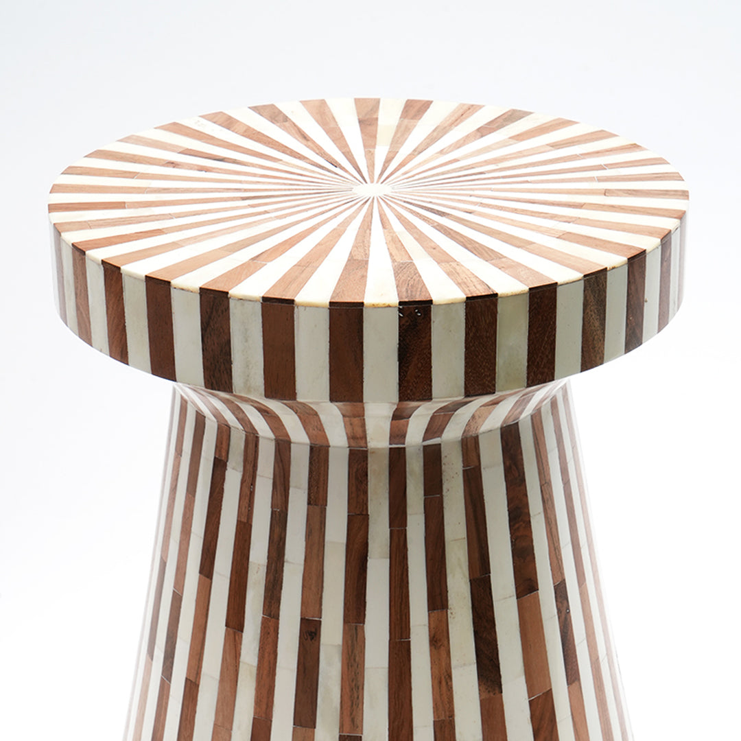 Drum Shape Wooden Side Stool – Handcrafted Bone Inlay Accent Table with Line Pattern Design