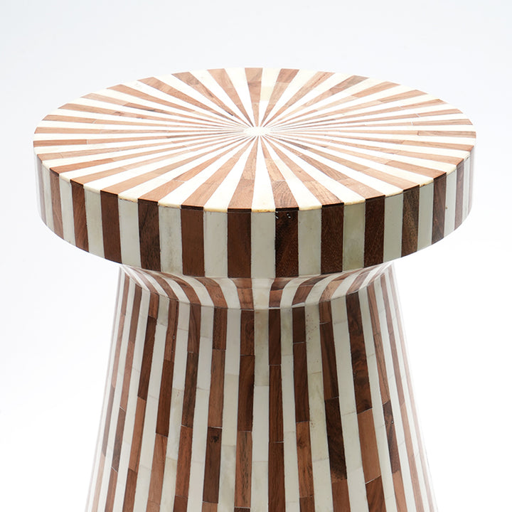 Drum Shape Wooden Side Stool – Handcrafted Bone Inlay Accent Table with Line Pattern Design