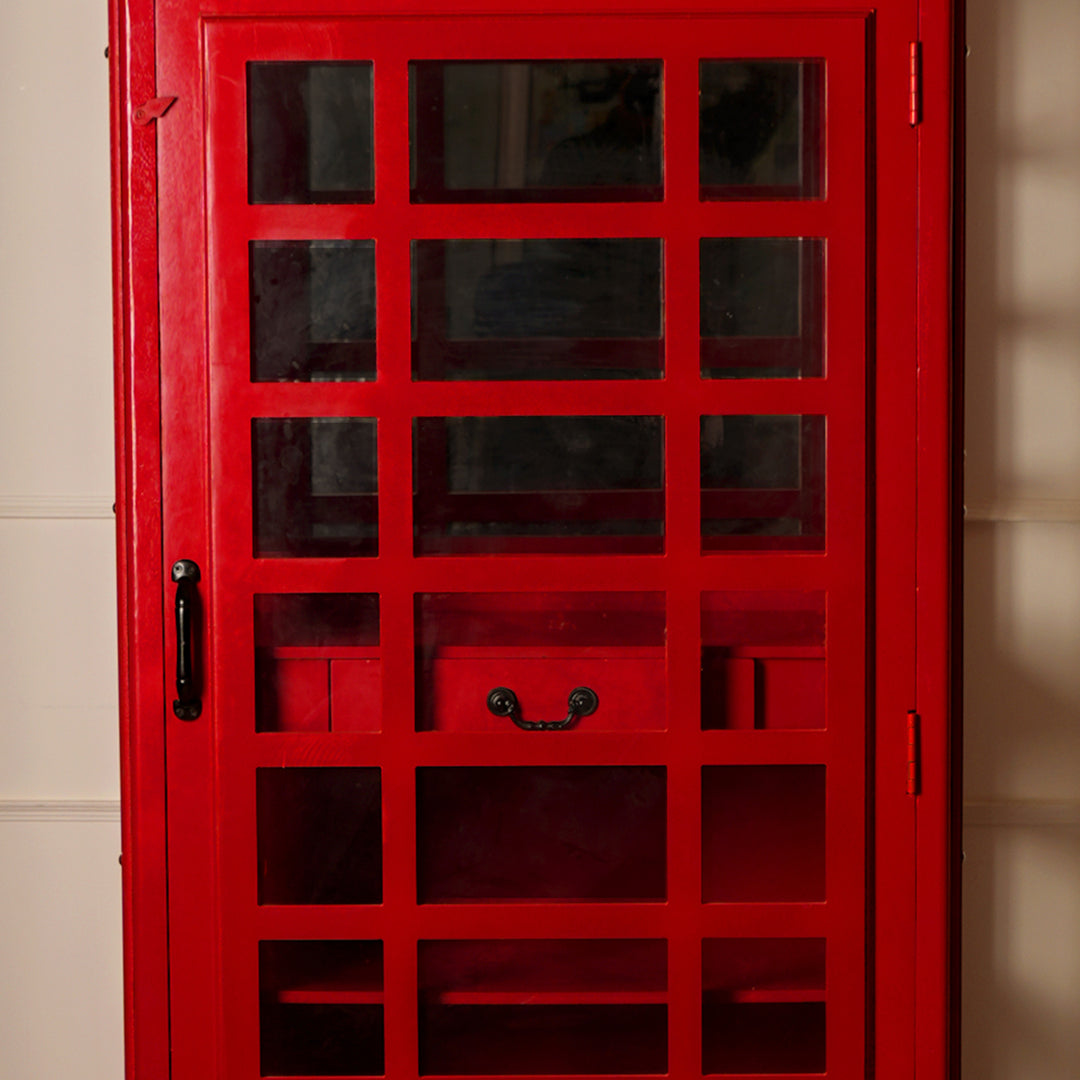 Vintage Red Telephone Booth Wine Cabinet Bar | Iconic London Phone Box Liquor Storage & Display | Glass Door Wood Drink
