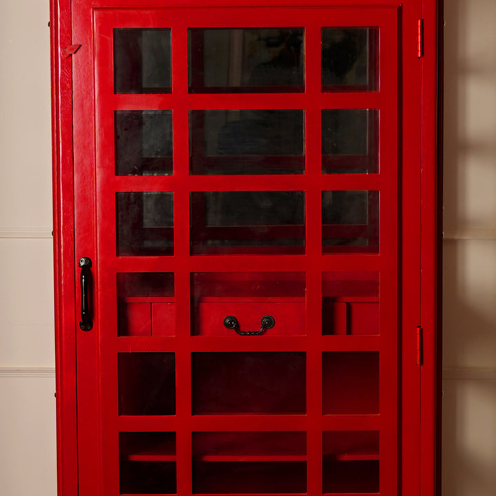 Vintage Red Telephone Booth Wine Cabinet Bar | Iconic London Phone Box Liquor Storage & Display | Glass Door Wood Drink