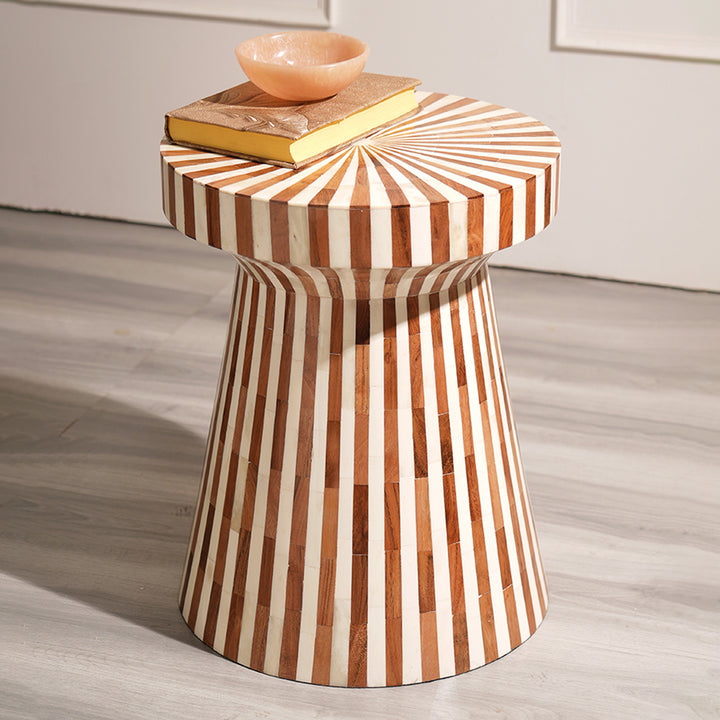 Drum Shape Wooden Side Stool – Handcrafted Bone Inlay Accent Table with Line Pattern Design