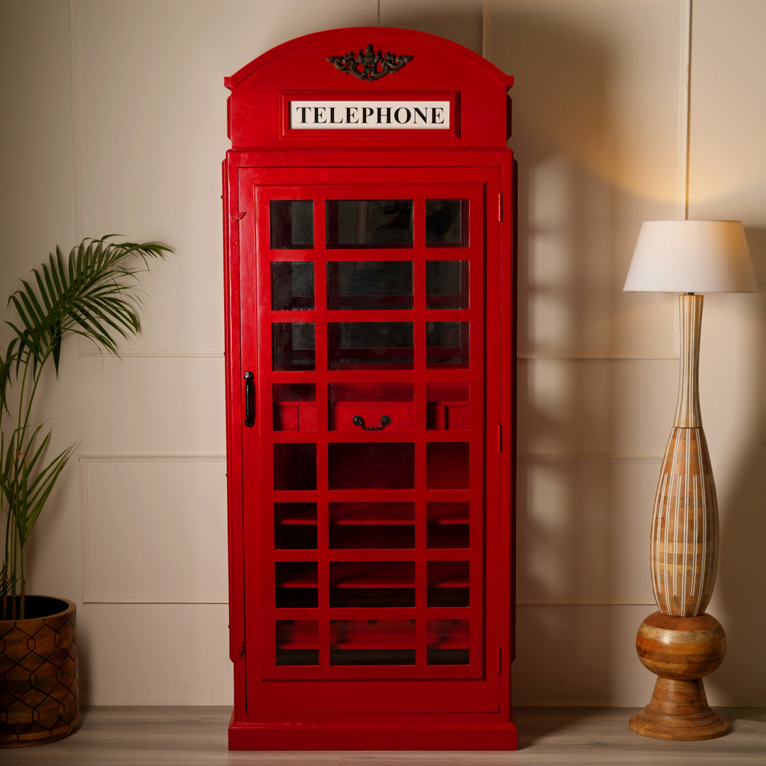 Vintage Red Telephone Booth Wine Cabinet Bar | Iconic London Phone Box Liquor Storage & Display | Glass Door Wood Drink
