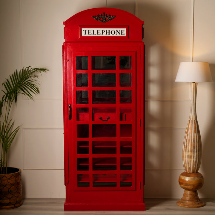 Vintage Red Telephone Booth Wine Cabinet Bar | Iconic London Phone Box Liquor Storage & Display | Glass Door Wood Drink