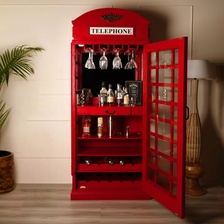 Vintage Red Telephone Booth Wine Cabinet Bar | Iconic London Phone Box Liquor Storage & Display | Glass Door Wood Drink