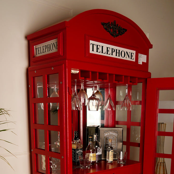 Vintage Red Telephone Booth Wine Cabinet Bar | Iconic London Phone Box Liquor Storage & Display | Glass Door Wood Drink