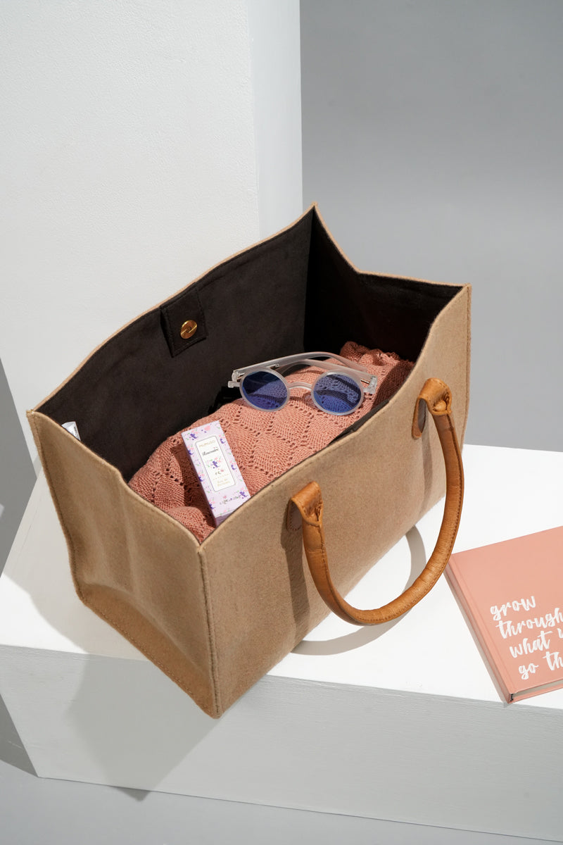 FELT WITH GENUINE LEATHER TOTE BAG/BEIGE AND BROWN (GIB-3023)