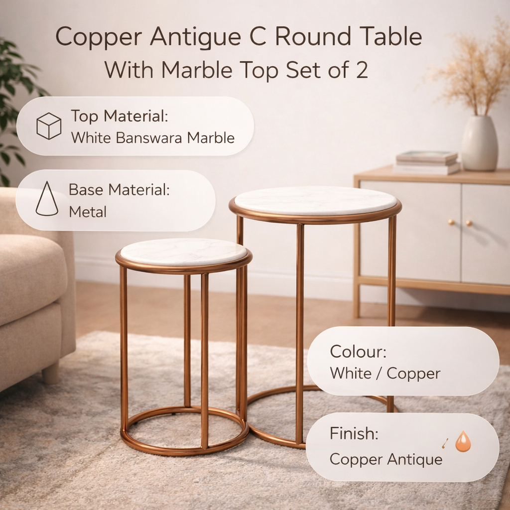 Copper Antique C Round Table With Marble Top Set of 2
