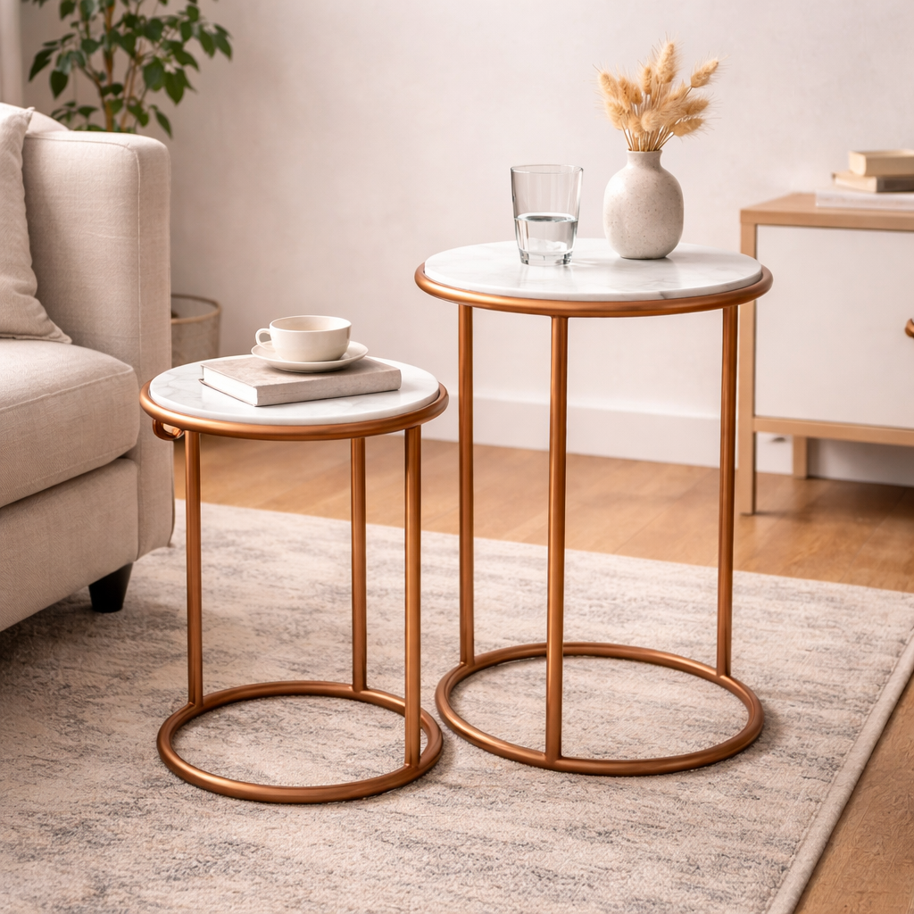 Copper Antique C Round Table With Marble Top Set of 2