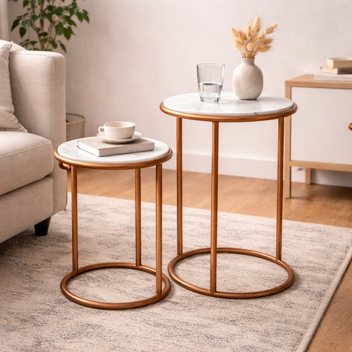 Copper Antique C Round Table With Marble Top Set of 2