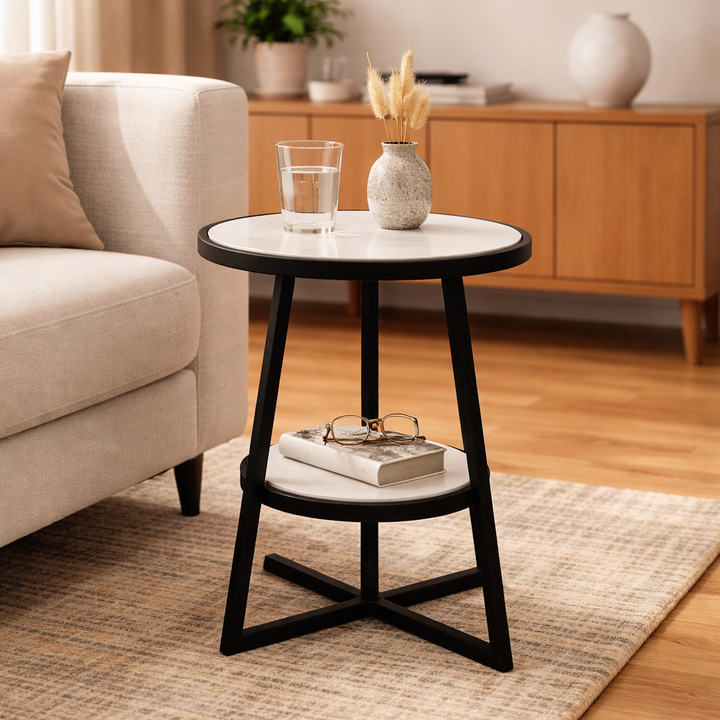 2 Tier Round Marble Table With Iron Base