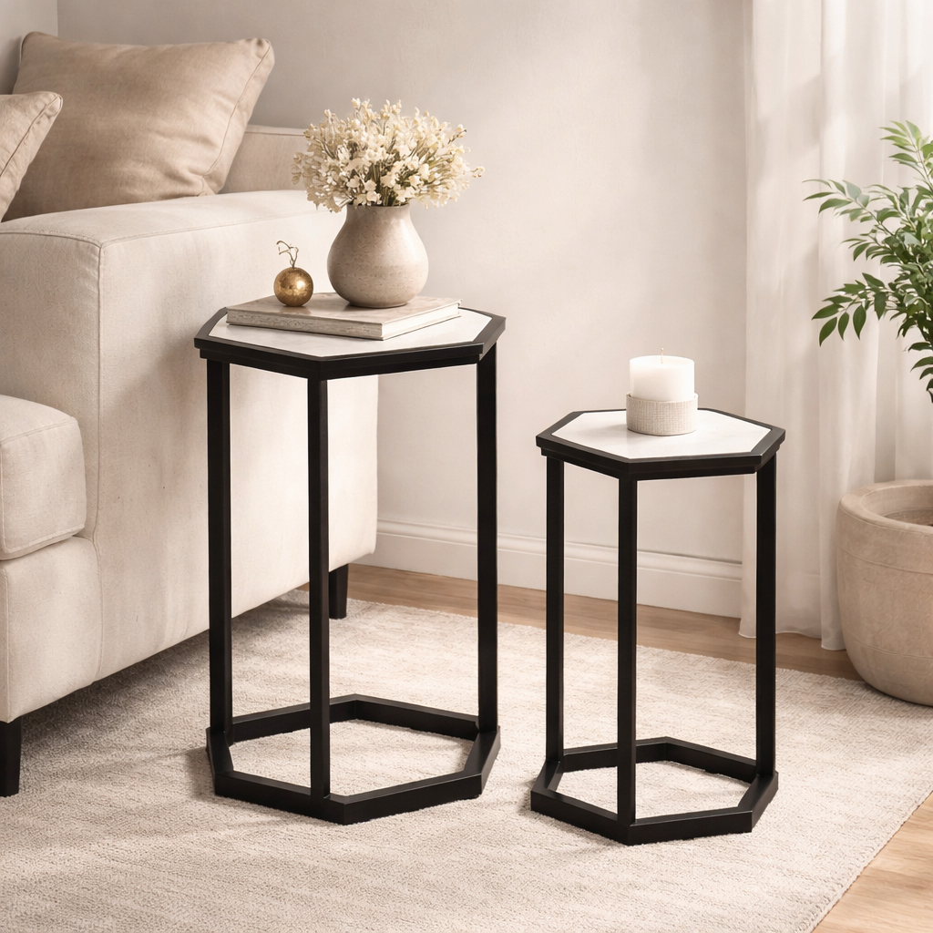 Hexaognal Marble Table  Small Set of 2