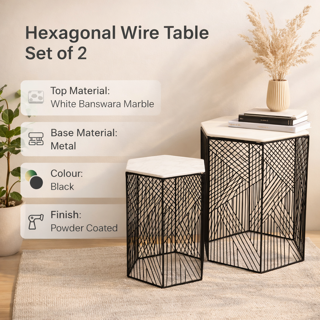 Hexagonal Wire Marble Table  Set of 2