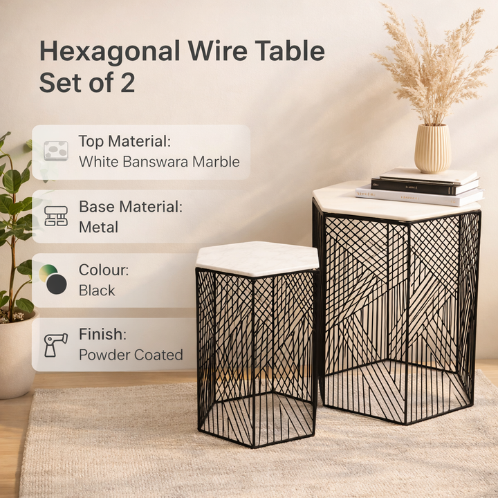 Hexagonal Wire Marble Table  Set of 2