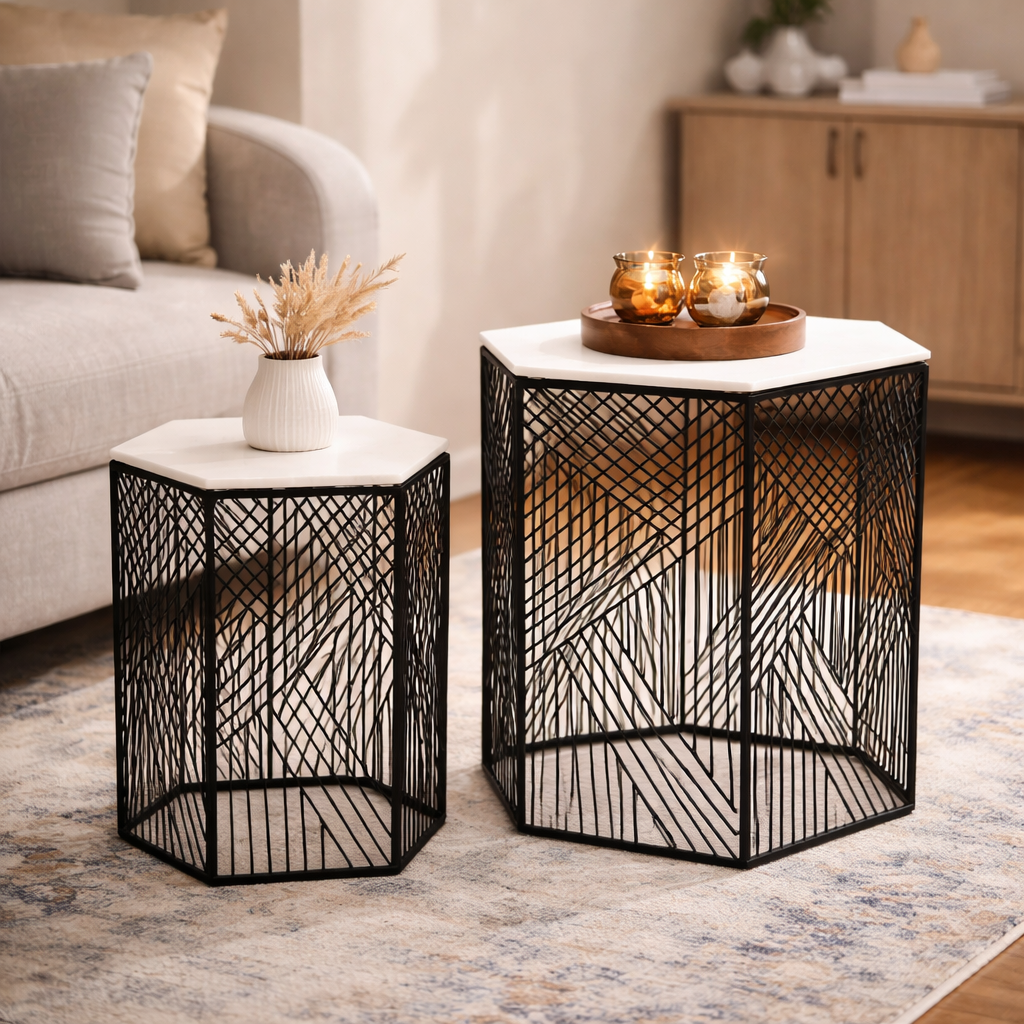 Hexagonal Wire Marble Table  Set of 2