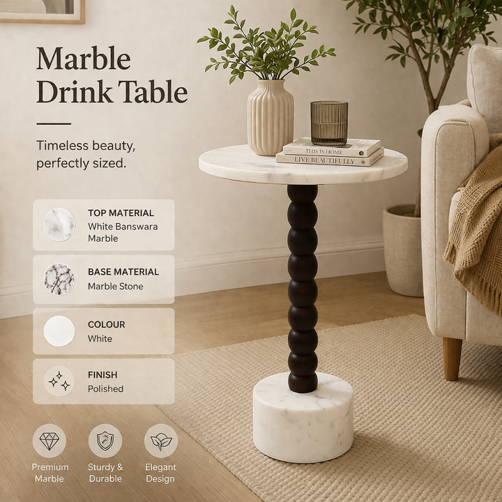 Mable Wood Drink Table with Marble Top