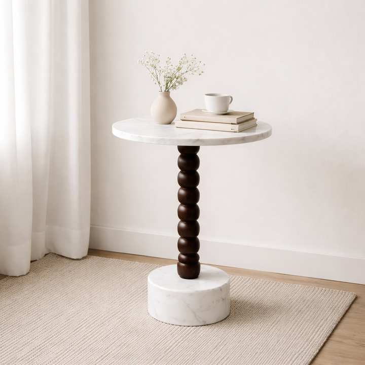 Mable Wood Drink Table with Marble Top