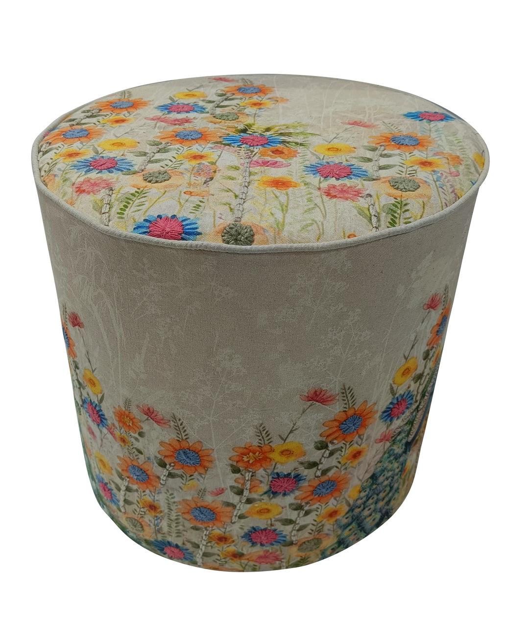 Printed & Embroidered Cotton Pouf – Peacock Design– 40x45 cm