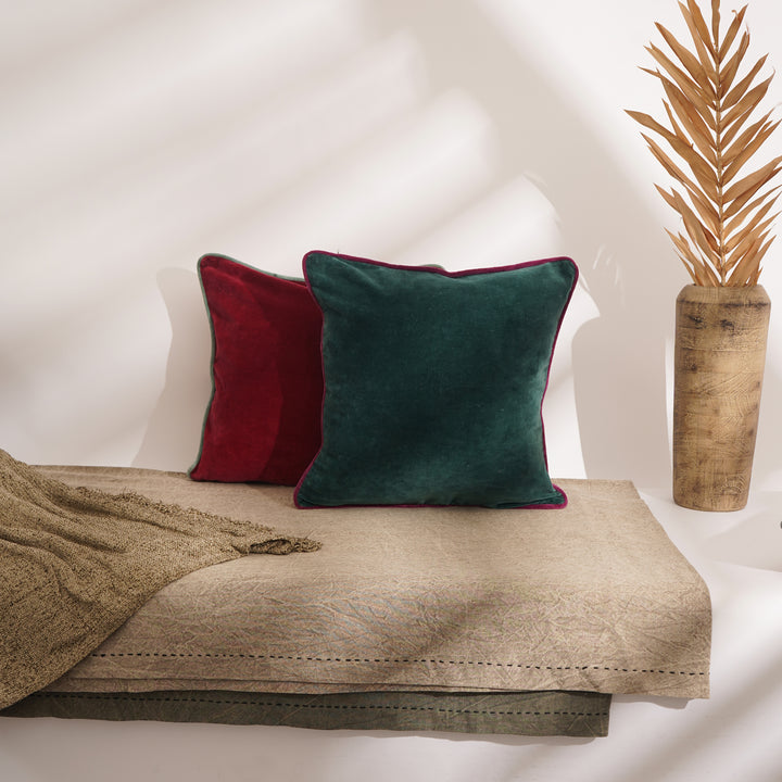 CUSCINO IN VELLUTO DI COTONE TINTO UNITO CON BORDO - 45X45 CM - Teal