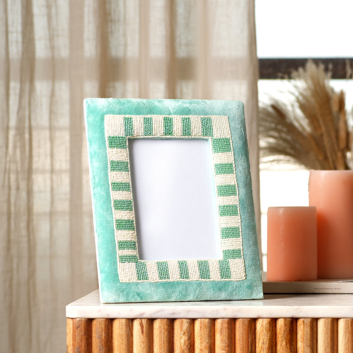 Sage Stripe Artisan Blue & Beige Beaded Embroidered 5x7 Photo Frame