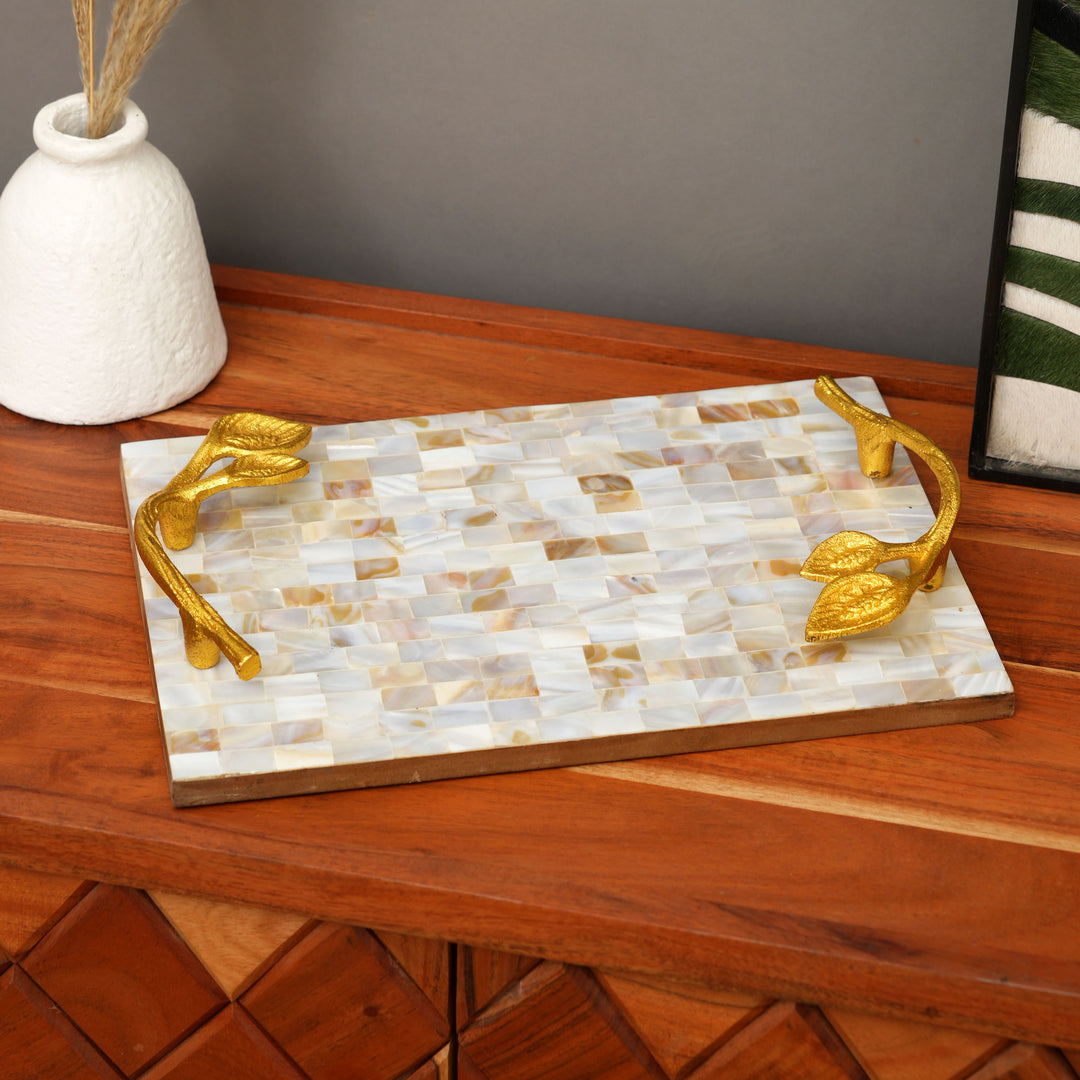Mother of Pearl Resin Tray with Gold Leaf Handles | Luxury Décor