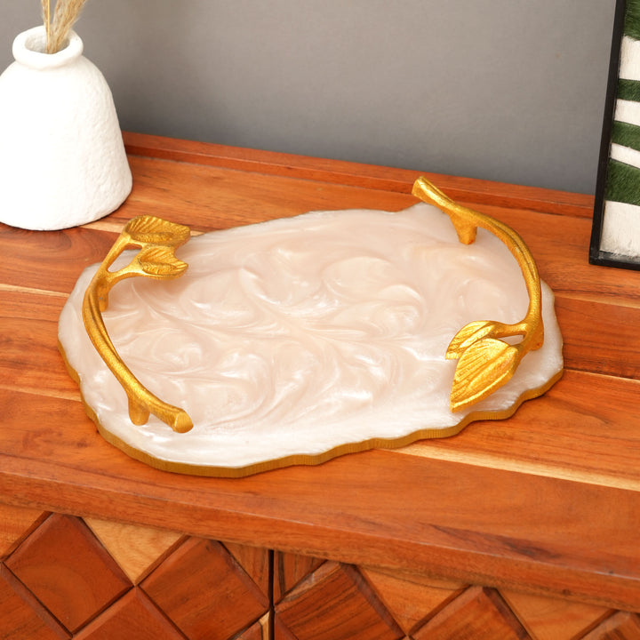 Luxury Marble Finish Leaf Handle Serving Tray  | Gold Accents