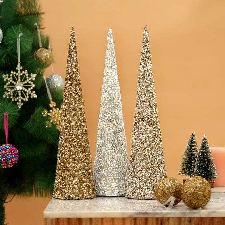 Beaded Decorative Cone – Ivory & Gold – 18 cm